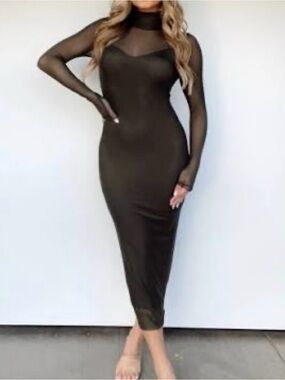 Sheer-Detail Long Sleeve Midi Dress - Black